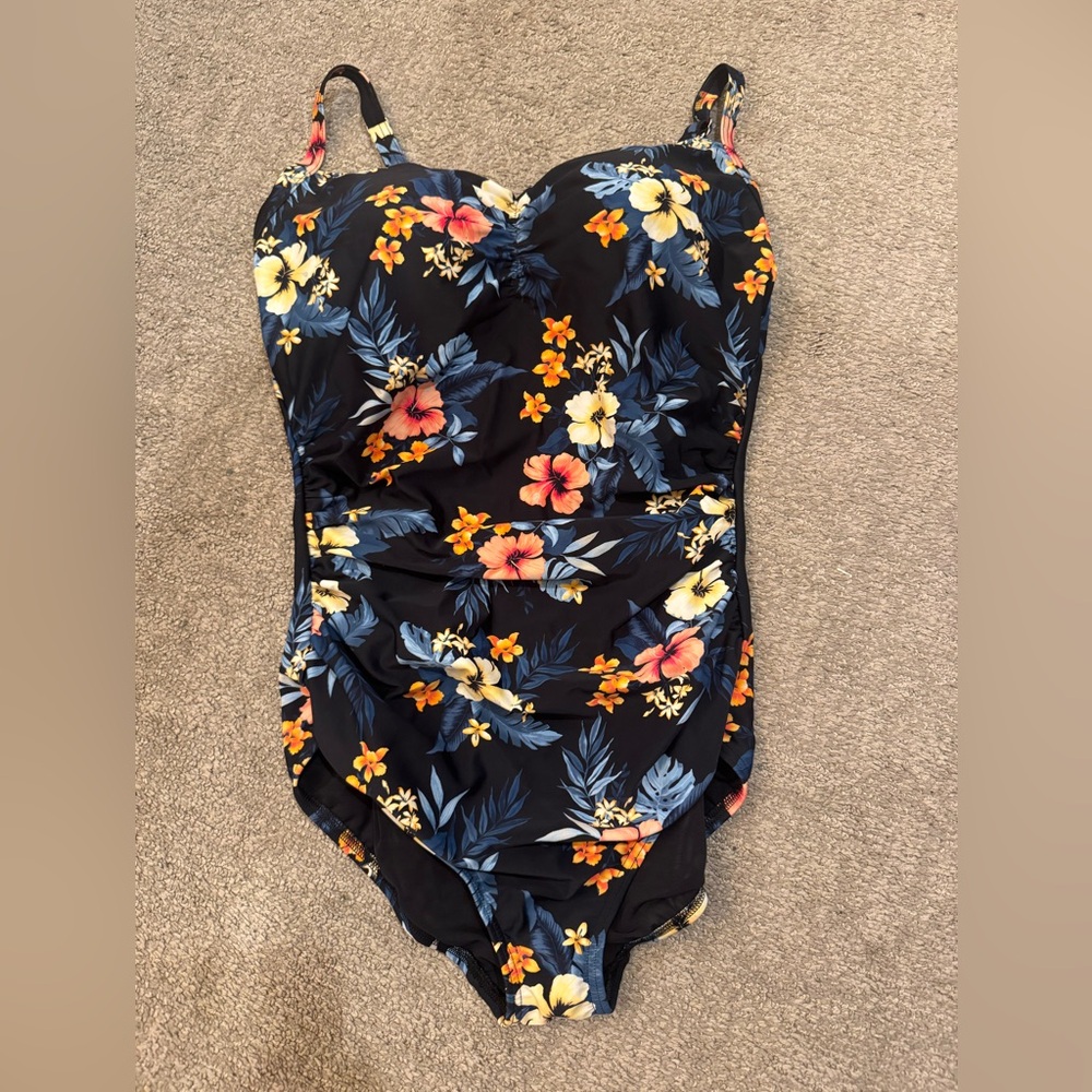 Lands' End Black and Blue Floral Swimwear